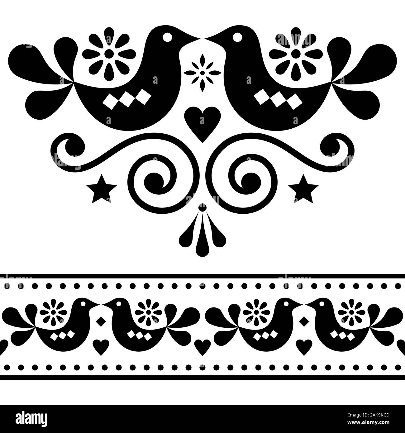 Folk scandinave éléments vecteur conception, cute floral design avec des oiseaux en noir sur fond blanc Illustration de Vecteur