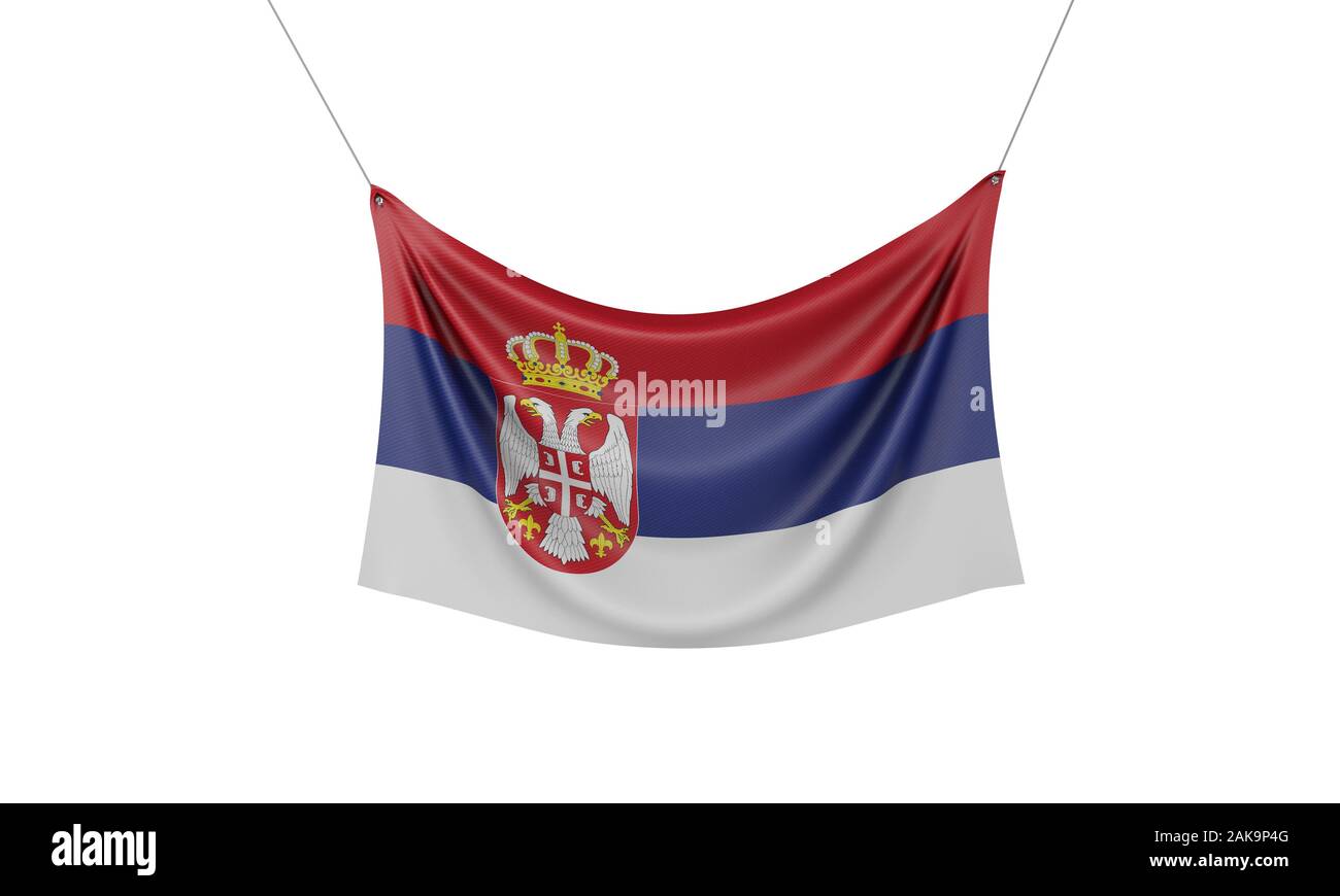Serbie drapeau bannière tissu suspendu. Le Rendu 3D Banque D'Images