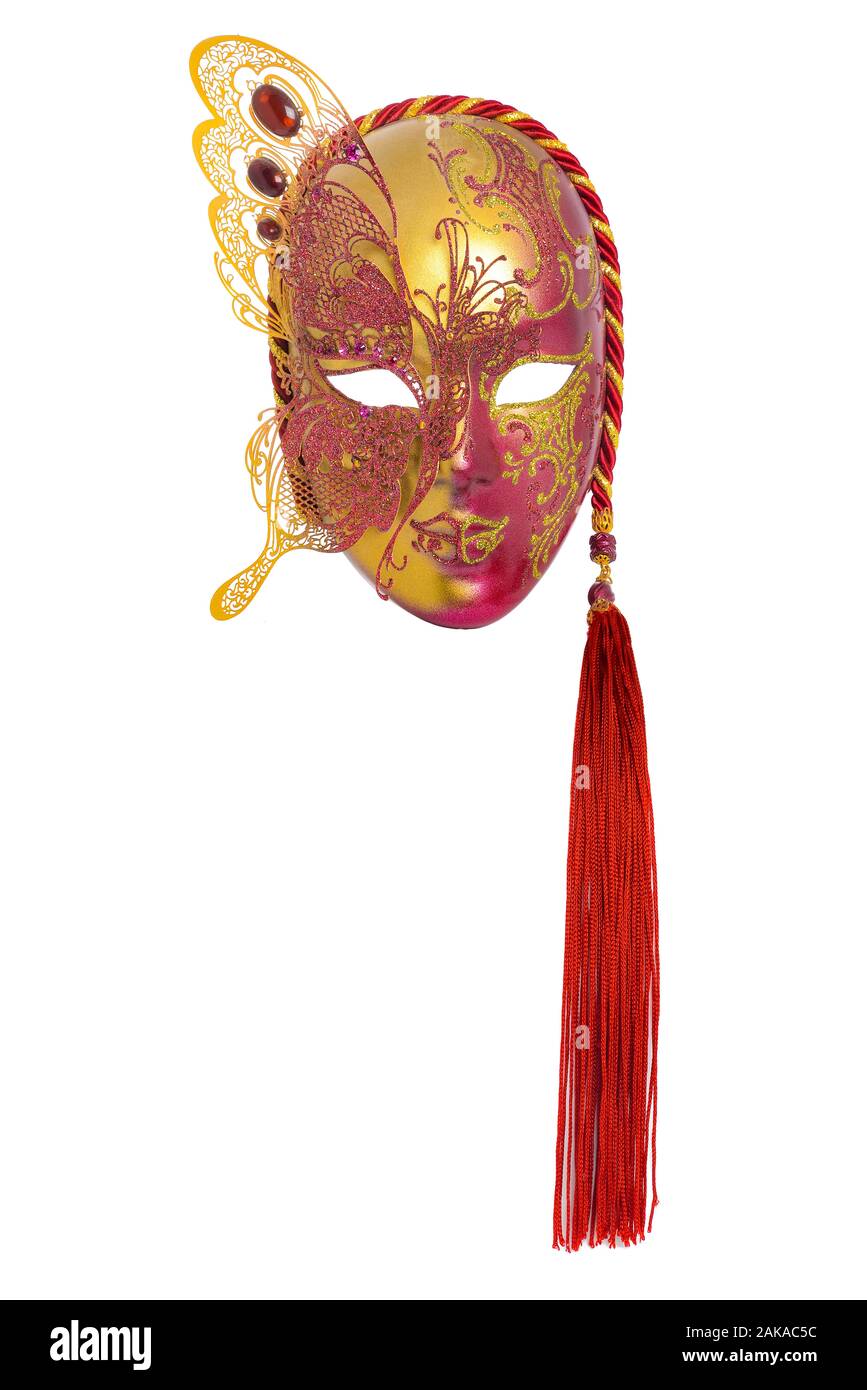 Ton masque de carnaval Venecian or fond blanc Banque D'Images