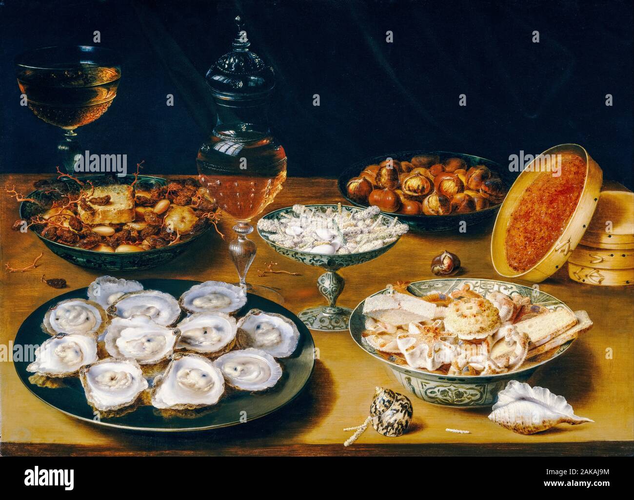 Osias Beert, plats avec des huîtres, des fruits, et le vin, la nature morte, peinture, 1620-1625 Banque D'Images