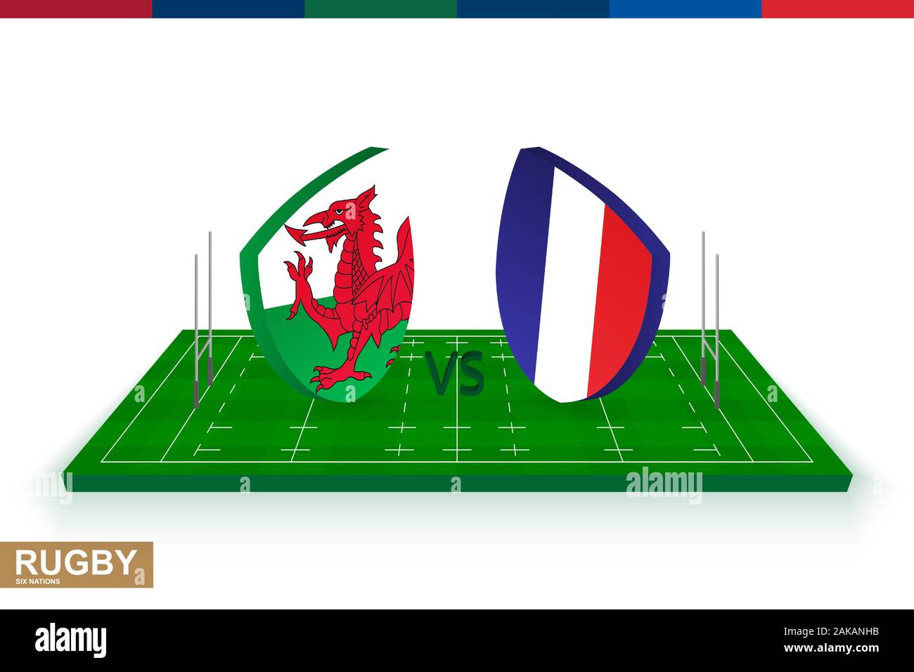 L'équipe de rugby du Pays de Galles contre la France sur le terrain de rugby vert, le Pays de Galles et l'équipe de France de rugby championship. Illustration de Vecteur