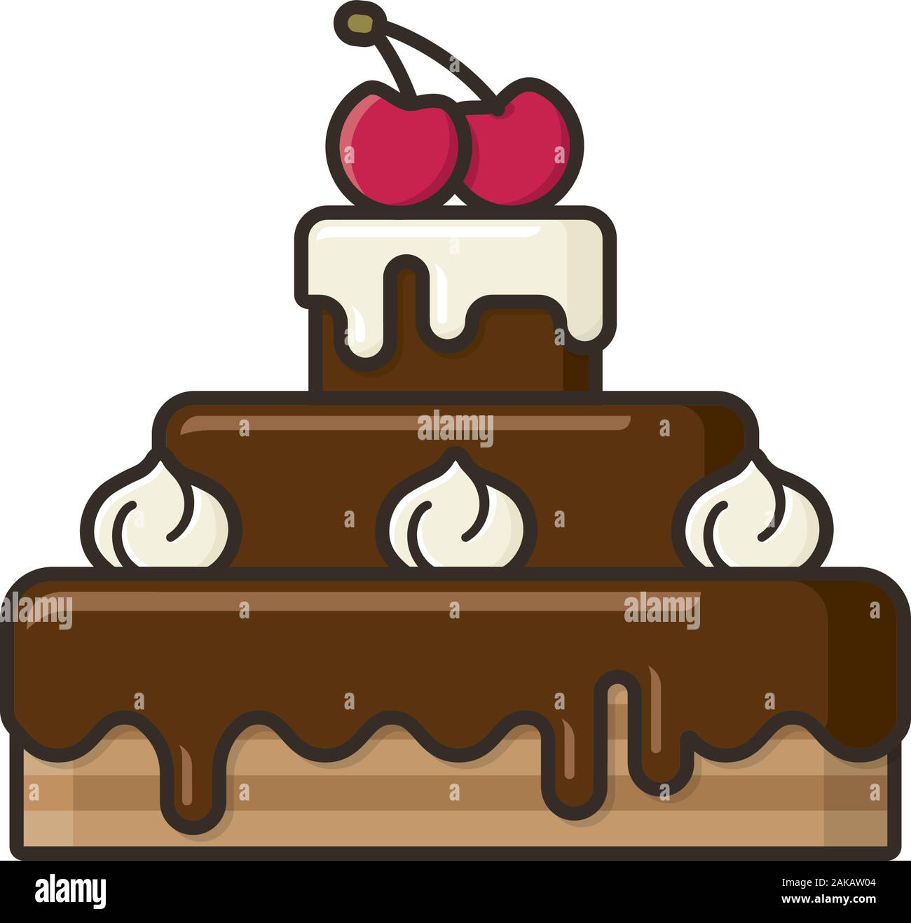 Gâteau au chocolat avec de la crème et les cerises sur le dessus l'illustration pour # ChocolateDay le 27 janvier. Aliment sucré symbole de couleur isolées. Illustration de Vecteur