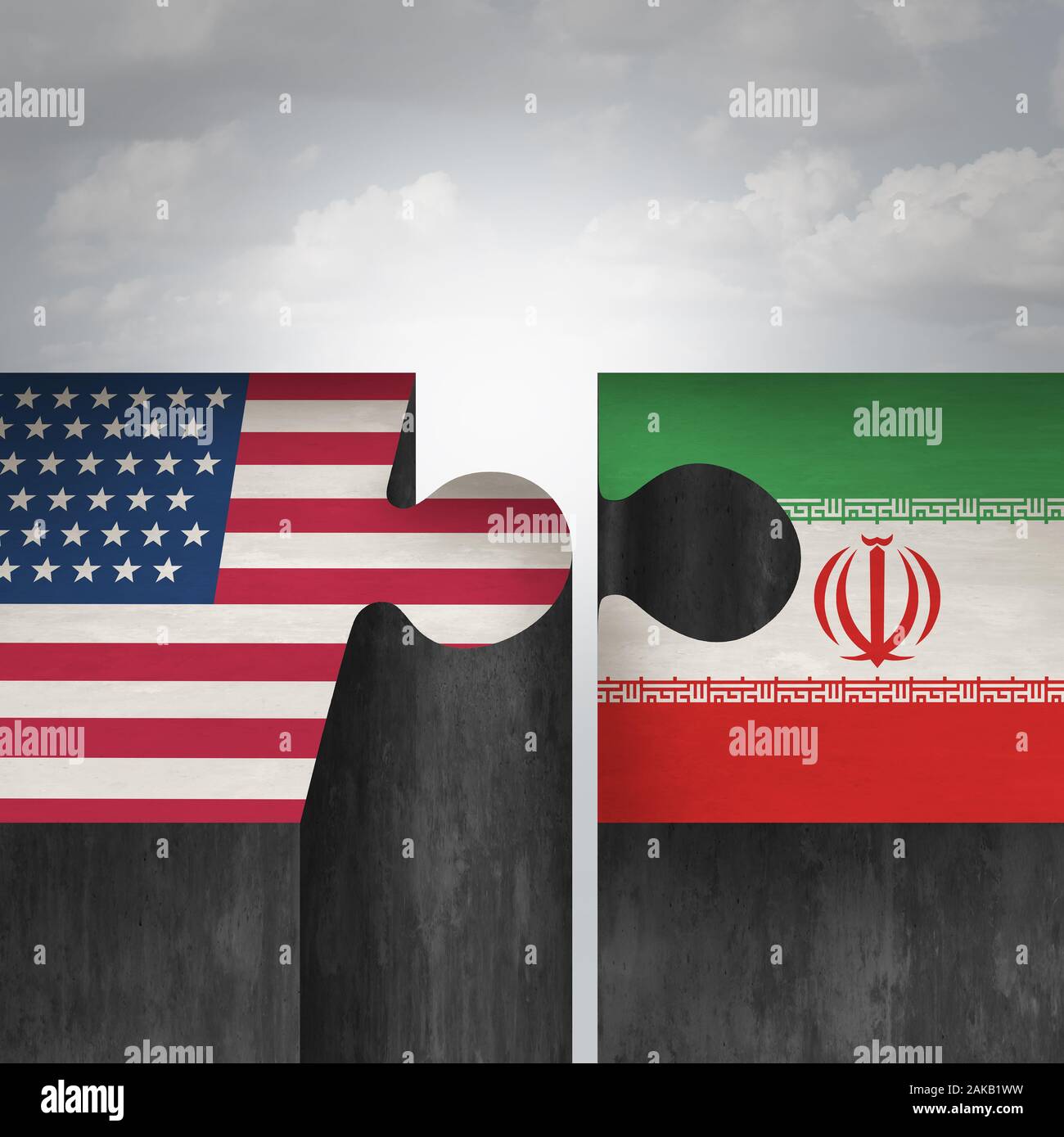 L'Iran États-unis concept de crise et diplomatie iranienne et américaine comme un défi diplomatique avec Téhéran le gouvernement et l'administration de Washington. Banque D'Images