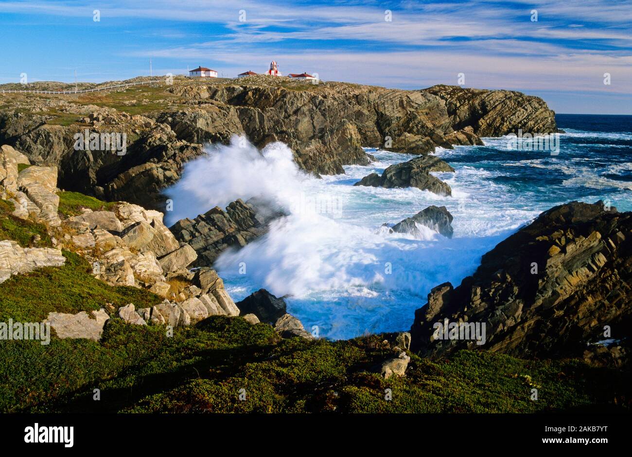 Paysage avec des vagues se brisant sur la côte rocheuse, Terre-Neuve, Canada Banque D'Images