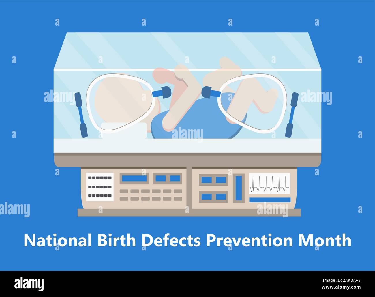 National Birth Defects Prevention Month est celebratedin en janvier aux USA. Concept neurologie vecteur. L'équipement de réanimation pour nouveau-né prématuré en soins infirmiers Illustration de Vecteur