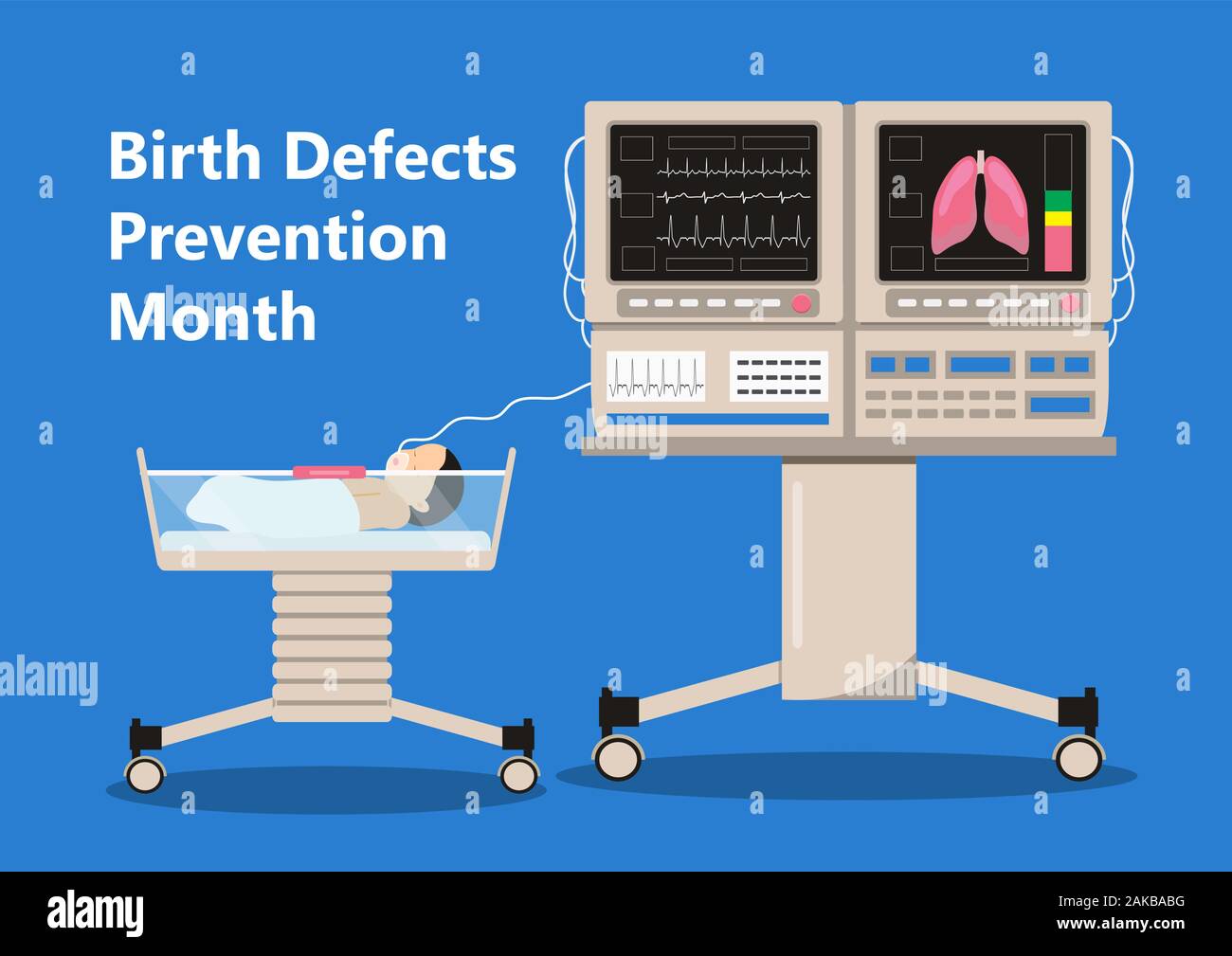 National Birth Defects Prevention Month est celebratedin en janvier aux USA. Concept neurologie vecteur. L'équipement de réanimation pour nouveau-né prématuré en soins infirmiers Illustration de Vecteur