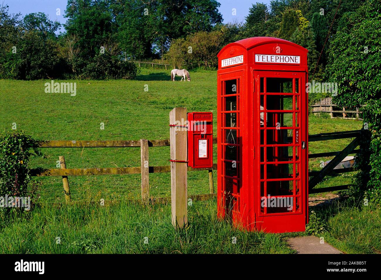 Cabine téléphonique anglaise traditionnelle rouge et une boîte aux lettres près de clôture de pâturage dans campagne, Wiltshire, England, UK Banque D'Images