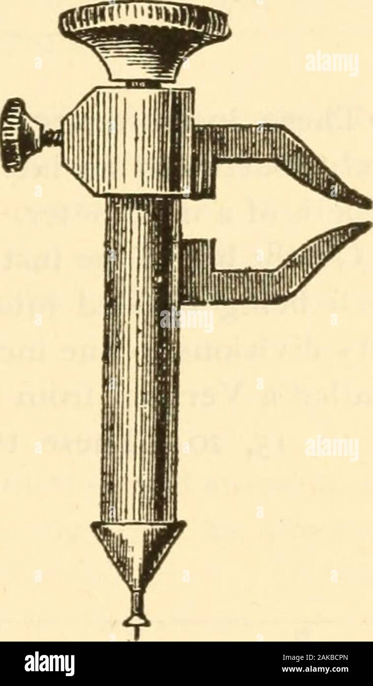 L'horloger et joaillier américain ; une encyclopédie pour l'horloger, bijoutier, l'or et l'orfèvre .. . Le pivot. Prochaine série thegauge pied dans le trou comme avant, et elevatethe disques à une hauteur qui est exact pour theroller, qui se fait en ayant le levier en Fig. 148. lieu, le petit disque montrant exactement où le rouleau devrait venir.Terminer le personnel jusqu'à ce point, puis prenez la prochaine mesure de la fin d'où l'épaule doit être, pour l'équilibre d'restupon. Ce point étant marqué, le personnel peut être inversée et mesurer-ments a commencé à partir de l'extrémité supérieure-stone, par whi Banque D'Images