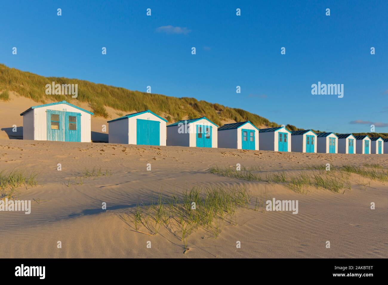 Rangée de cabines de plage bleu et blanc sur Texel, l'île de Frise occidentale de la mer des Wadden, Noord-Holland, les Pays-Bas Banque D'Images