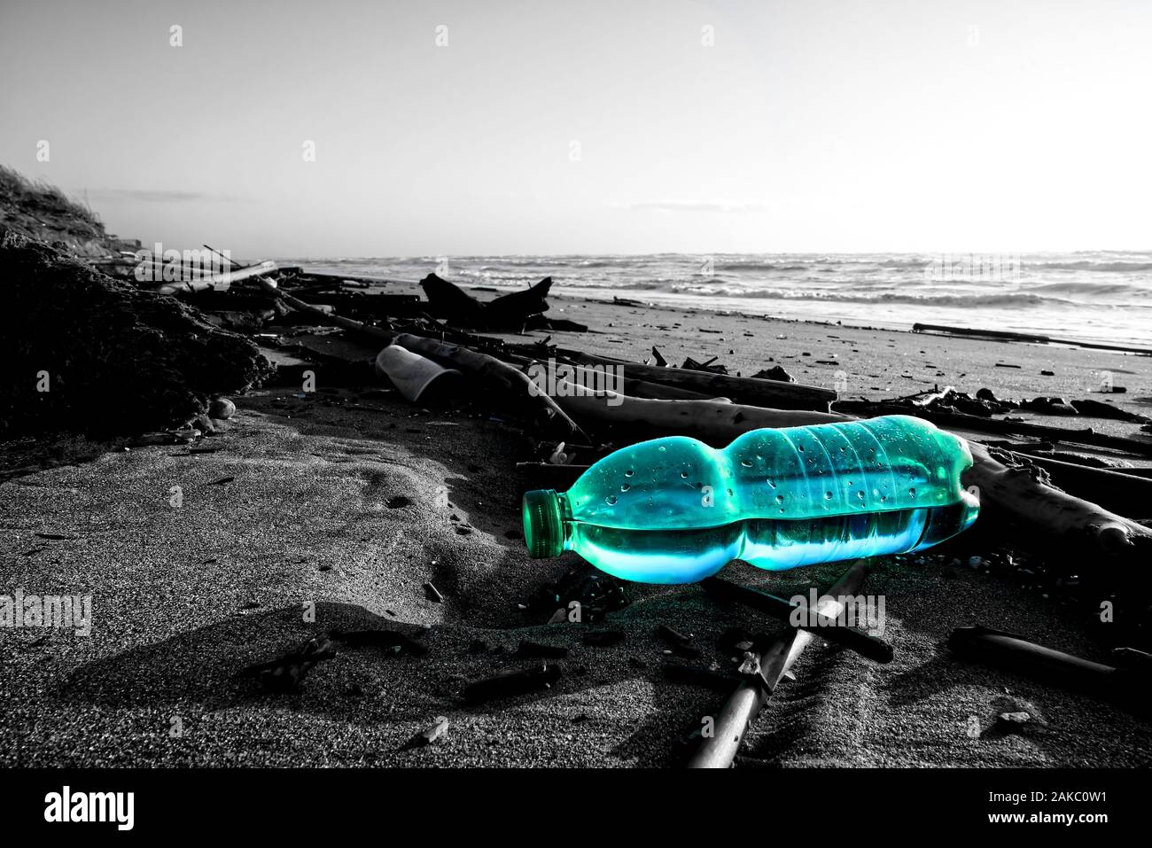 Une bouteille en plastique sur une plage montre l'impact de la nature de la pollution humaine Banque D'Images