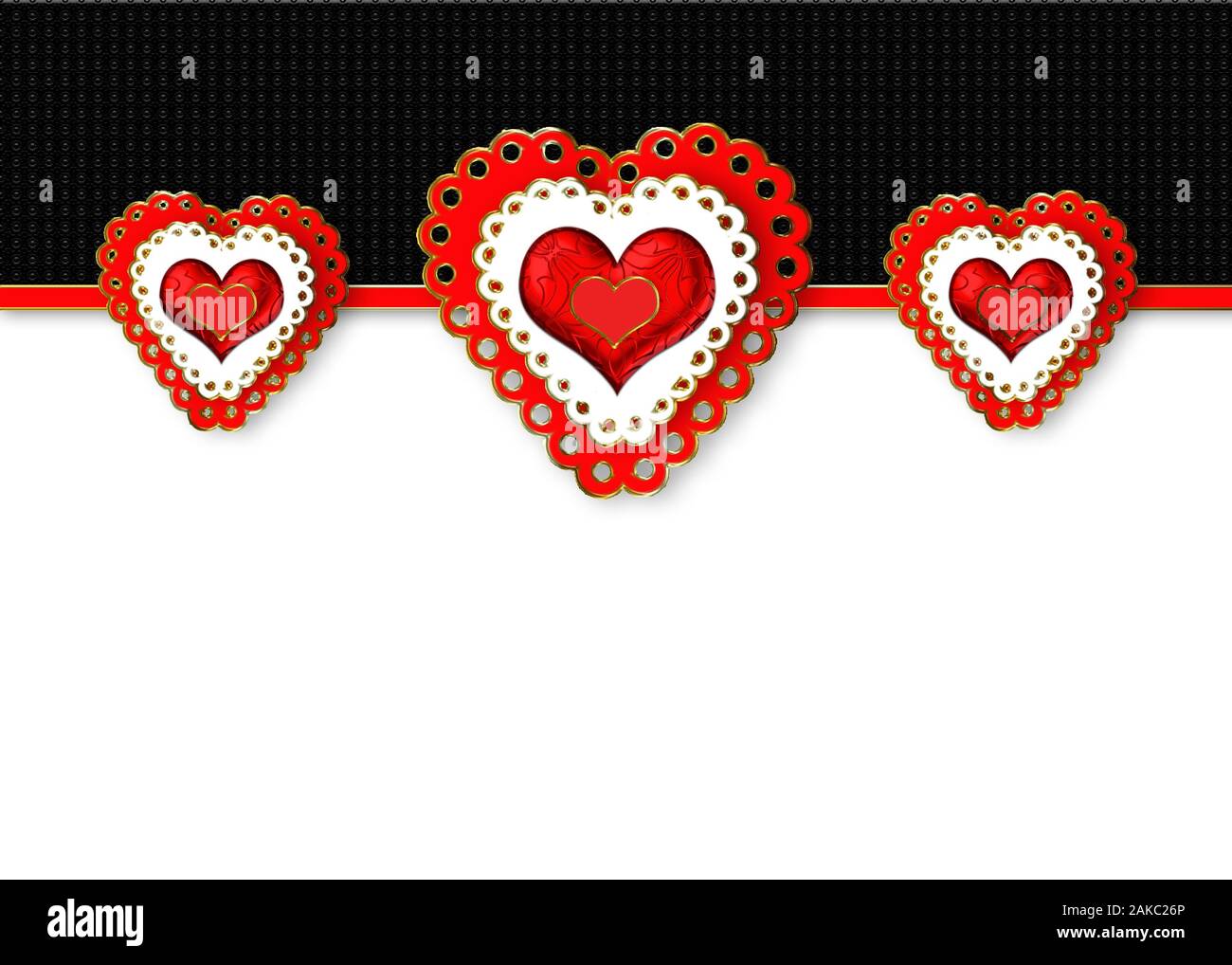 Trois Coeurs festonné rouge romantique isolé sur fond noir et blanc. Banque D'Images