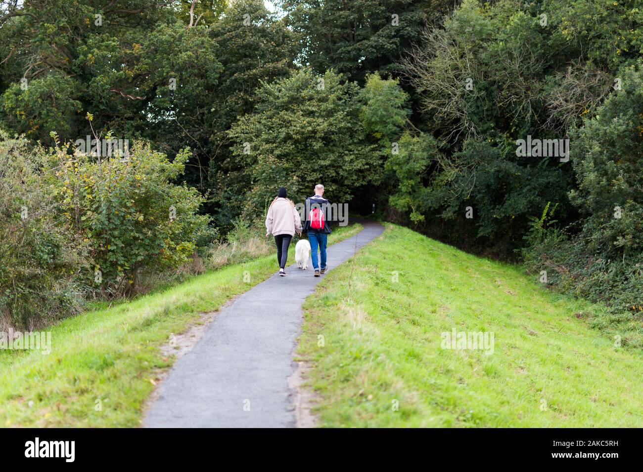 Un couple de prendre leur chien pour une promenade le long d'un chemin qui mène dans une zone boisée Banque D'Images