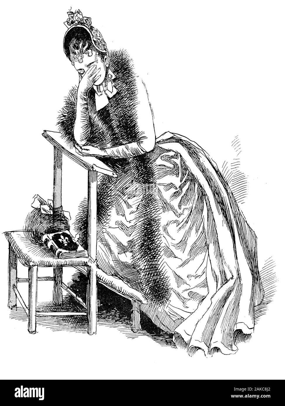 Portrait français et la caricature : broken-hearted woman plaqués habillés avec de la fourrure et de la mode hat pleure priant sur une seule église dans la kneeler Banque D'Images