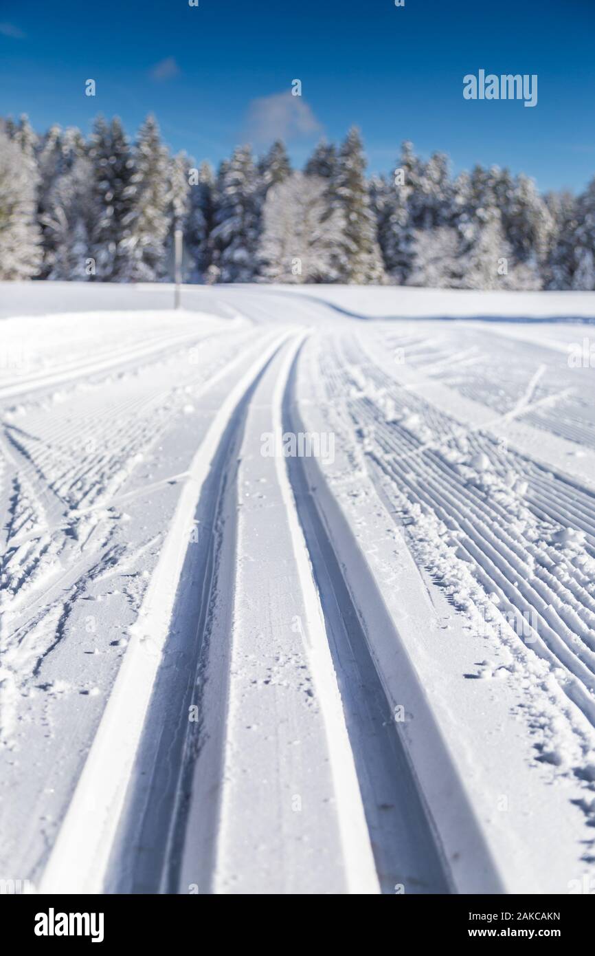 Close-up view of empty piste de ski dans le magnifique décor hivernal féérique Banque D'Images