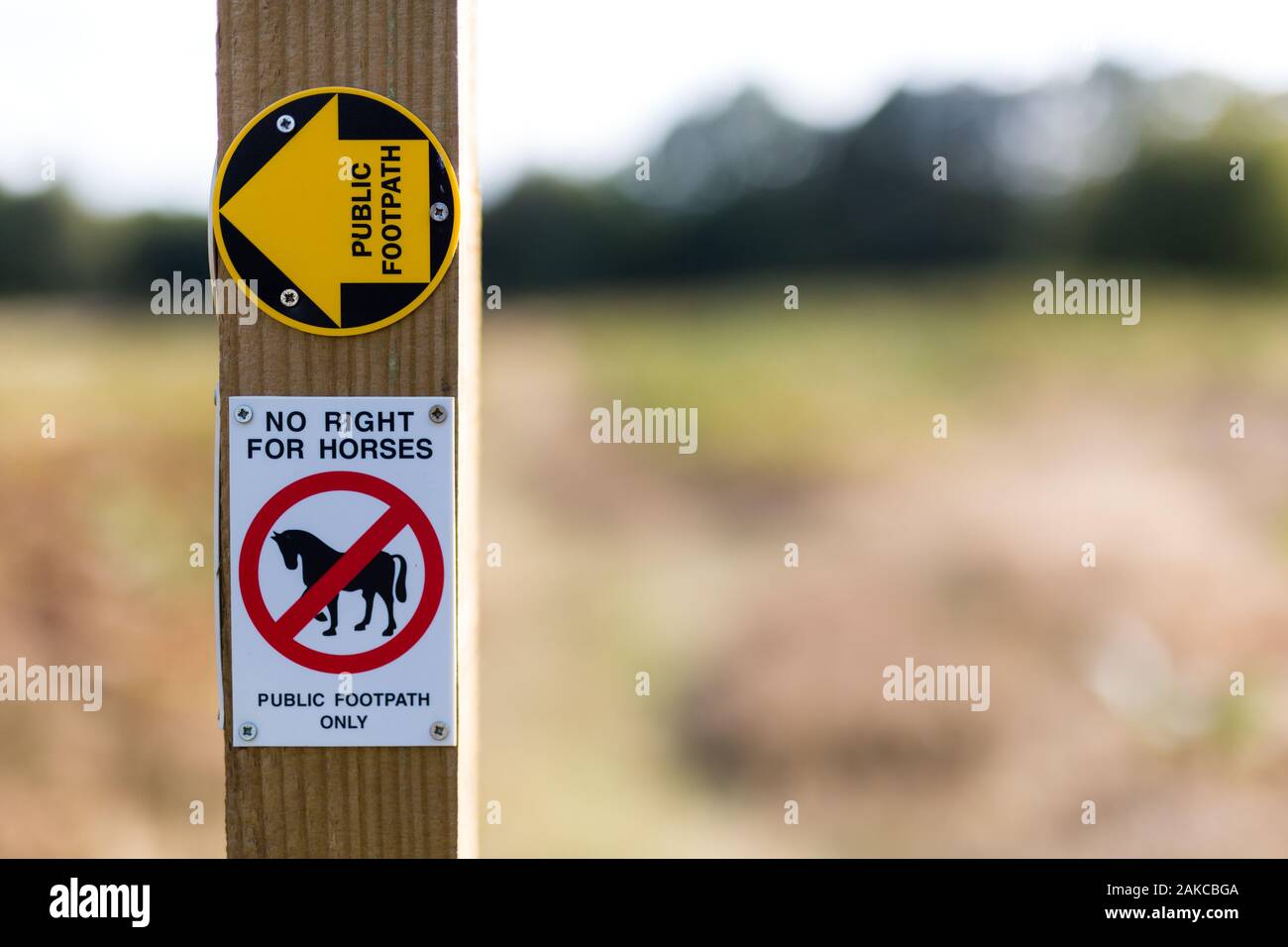 Panneau montrant qu'en milieu rural est un sentier public uniquement, pas de chevaux autorisés Banque D'Images