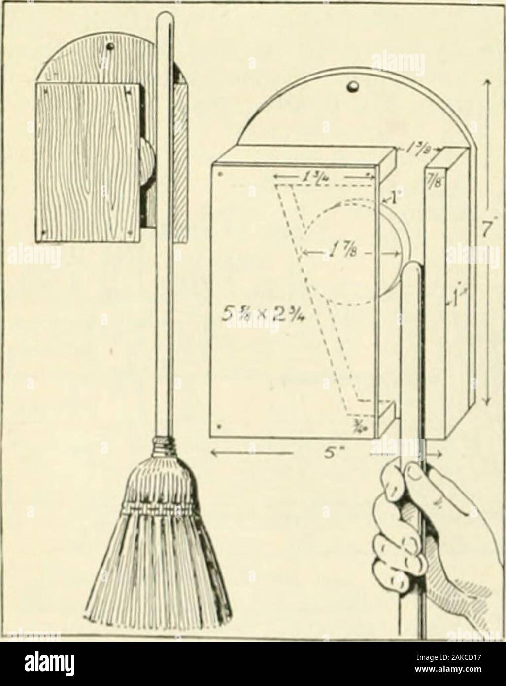 Popular Science monthly . 4.en épaisseur, et round ofif haut ij/g ins.Pour raccrocher titulaire, comme montré dans theillustration. Prendre un i-en. board 5^ ins. par 2 à partir de H sp., découpant un logement, f^^ la haut, je.j'ins. large, effilé à un disque circulaire j'in. d'épaisseur et j'^f&Lt ; dans.de diamètre et placer la dans le logement.clou sur le bord long a I de. strip, yg dans.large, qui sera un espace e-lea j'^s ns.large entre la bande et la partie contiennent-ing le disque circulaire. Pour terminer, clou à travers l'avant de chacun -^s-n- board 2^4 ins. par 5^^ ins. Mien de raccrocher le balai place thetop du manche dans la gorge, pu Banque D'Images