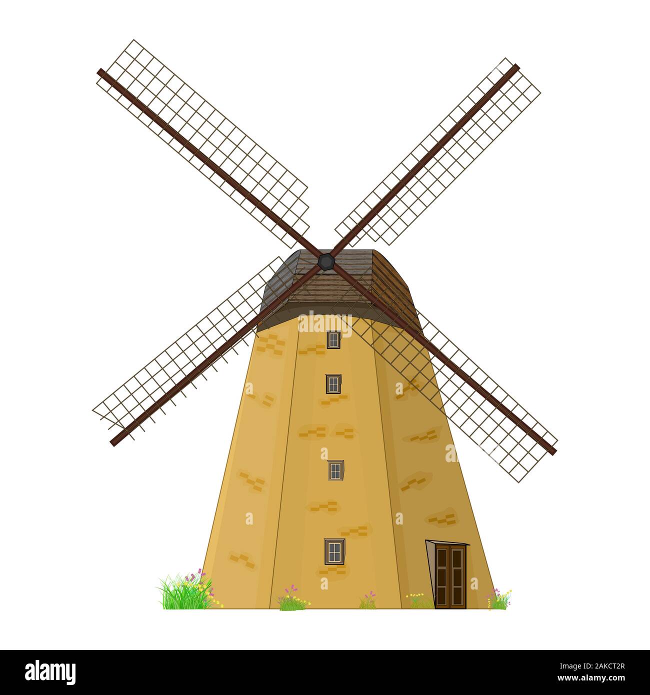 Moulin isolé sur fond blanc. Maison rurale traditionnelle moulin avec hélice. Dessin animé télévision bâtiment. L'écologie, de l'énergie renouvelable éolienne. Vector Illustration de Vecteur