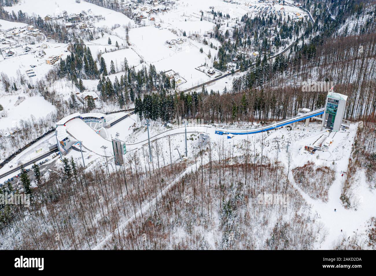 Drone aérien sur la tour de saut à ski de Wisla Malinka Banque D'Images