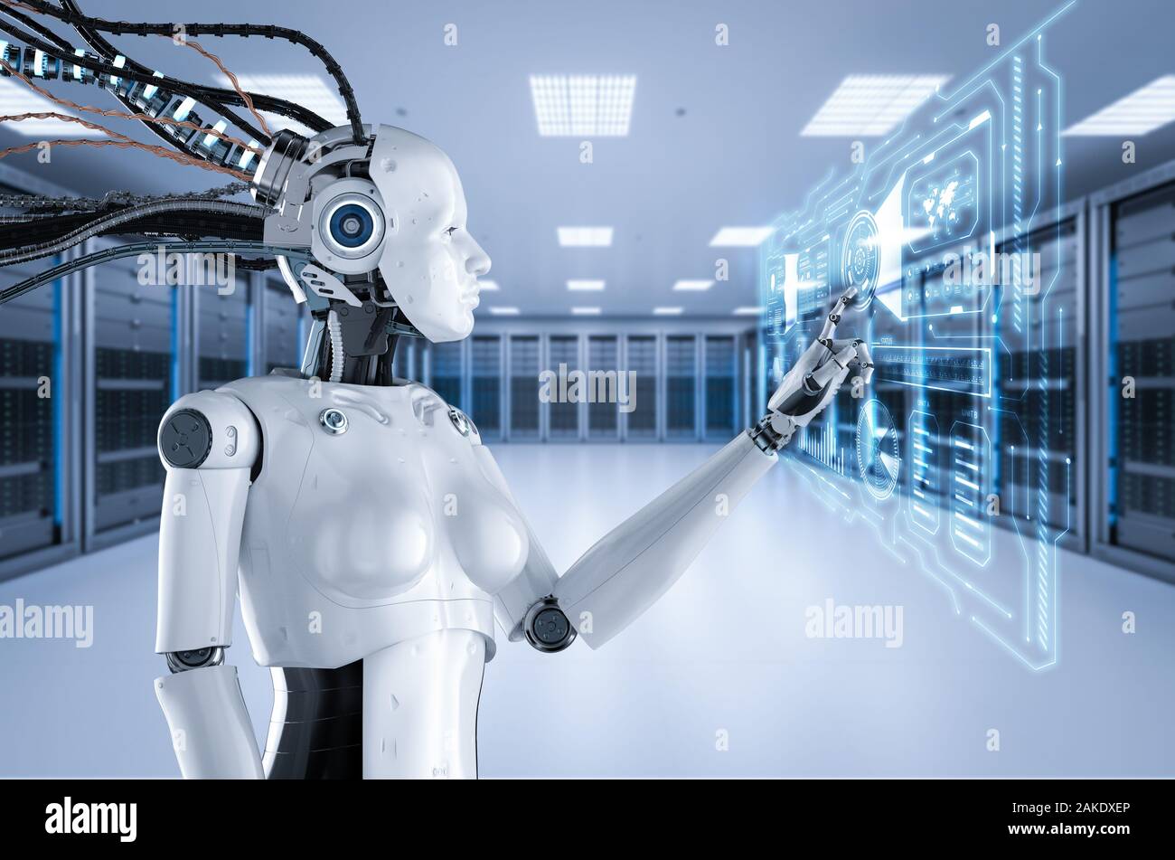 Le rendu 3D ou le robot cyborg femelle travail en salle serveur Banque D'Images