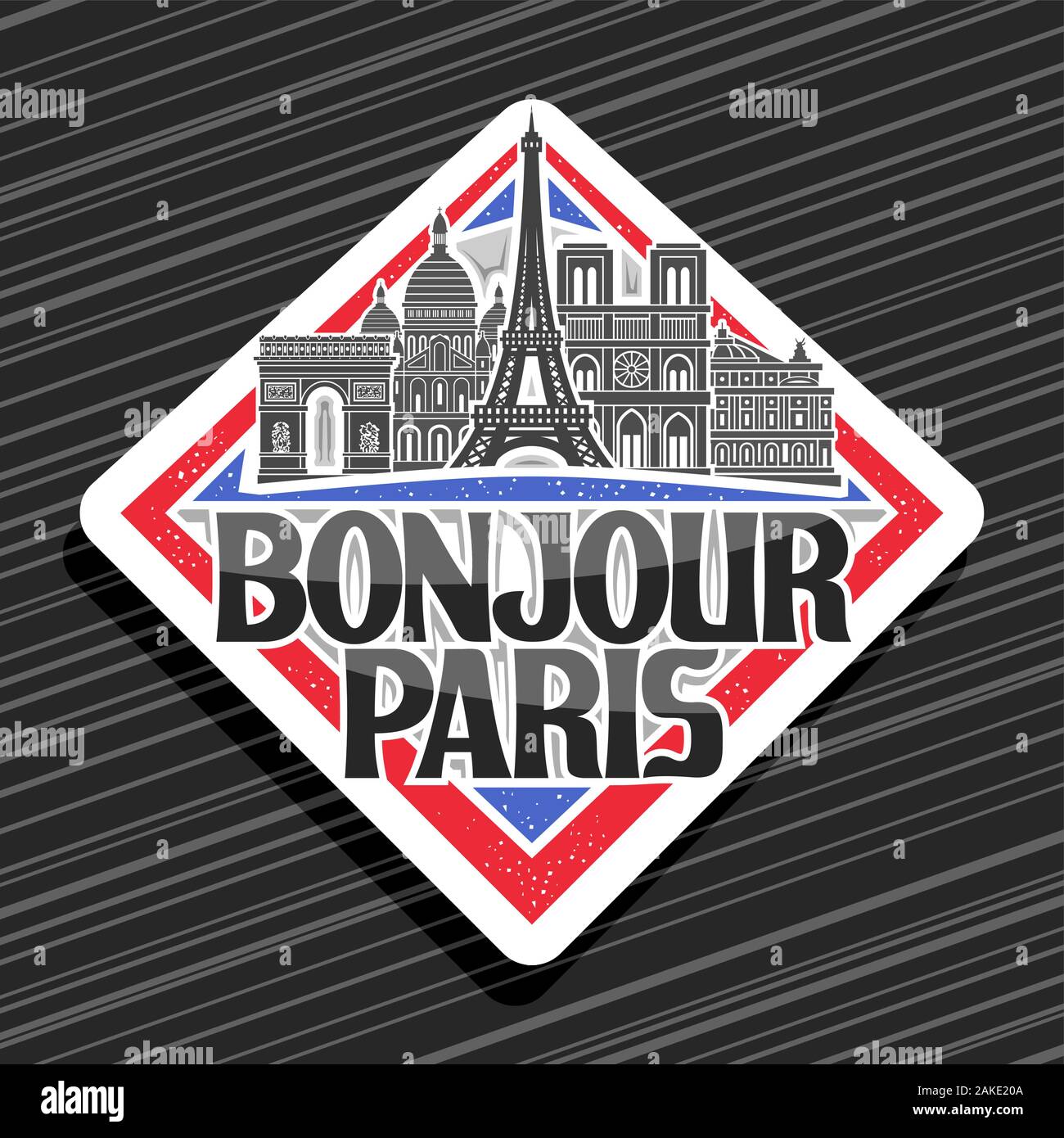 Logo Vector pour Paris, décoratives rhombus tag avec noir et blanc tirage d'art de célèbres monuments de Paris, créateur de caractères d'origine avec aimant pour réfrigérateur f Illustration de Vecteur