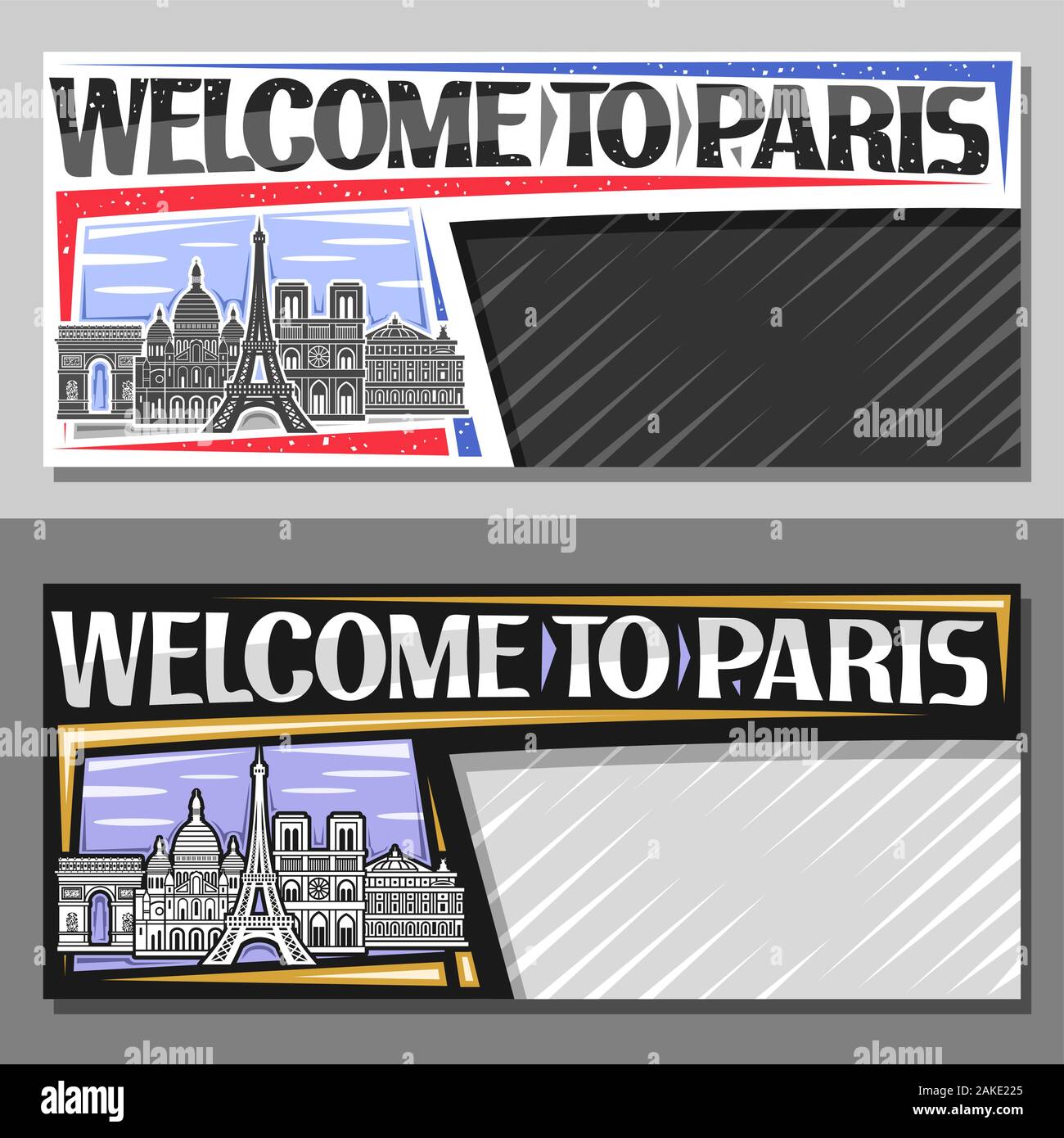 Les modèles vectoriels pour Paris avec copie espace, carte avec tirage en noir et blanc de paris landmarks, pièce décorative avec des caractères d'origine des mots Illustration de Vecteur