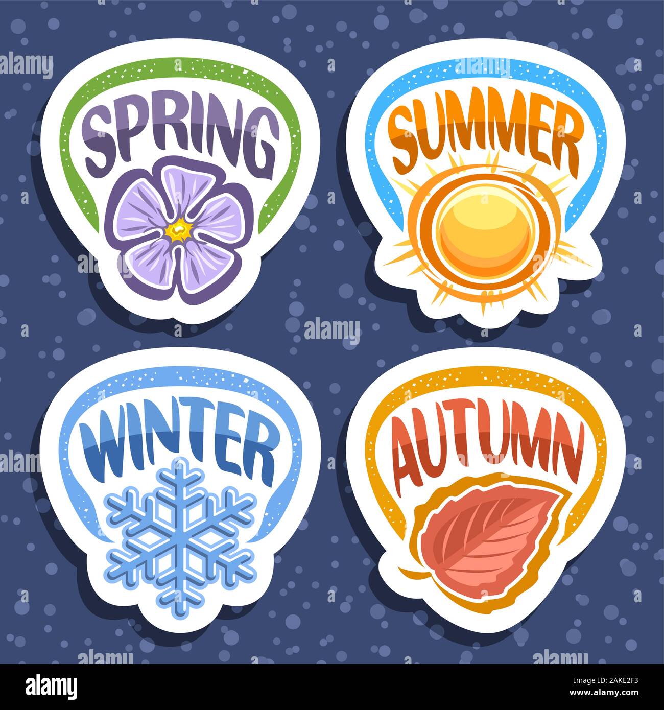 Vector set pour Quatre Saisons, découper 4 badges saisonniers de décoration avec des mots, avec l'été chaud soleil soleil, hiver avec flocon de neige bleu, avec ressort Illustration de Vecteur