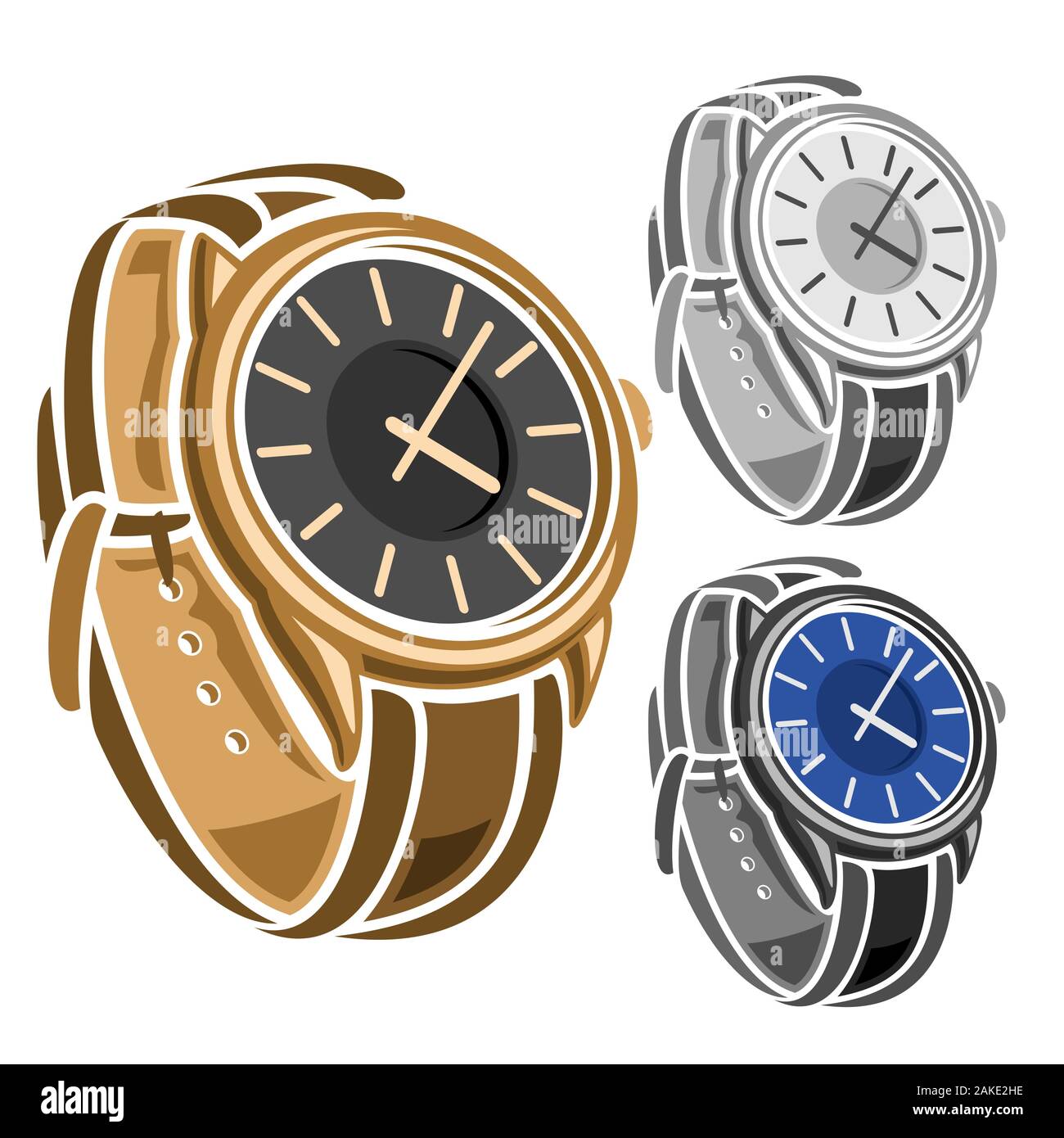 Vector set de montres, collection de 3 découper des illustrations de variété swiss montres-bracelets en cuir sur fond blanc. Illustration de Vecteur