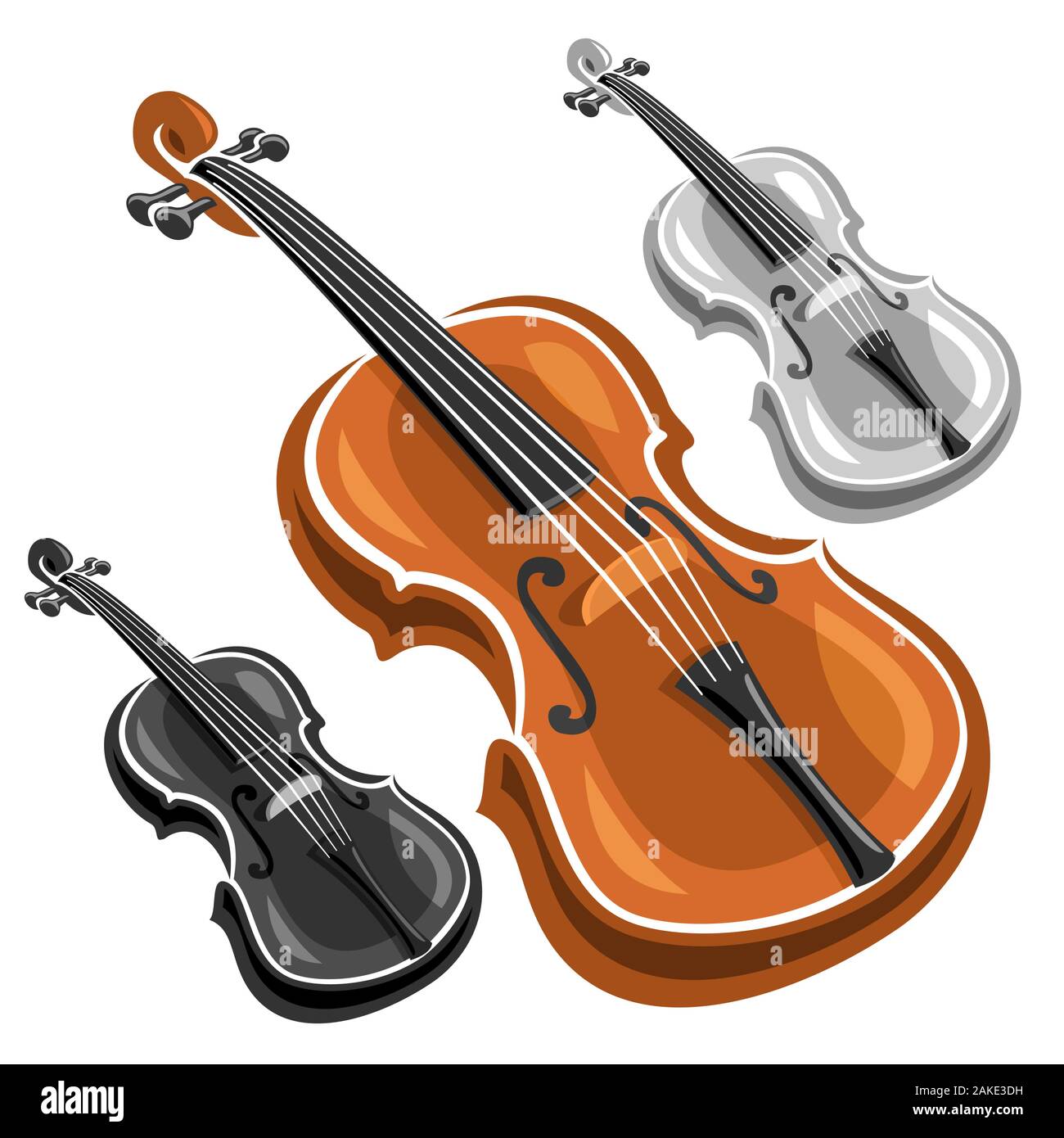 Vector set de violons, collection de 3 découper des illustrations de violons classiques monochromes et couleurs différentes marron sur fond blanc. Illustration de Vecteur