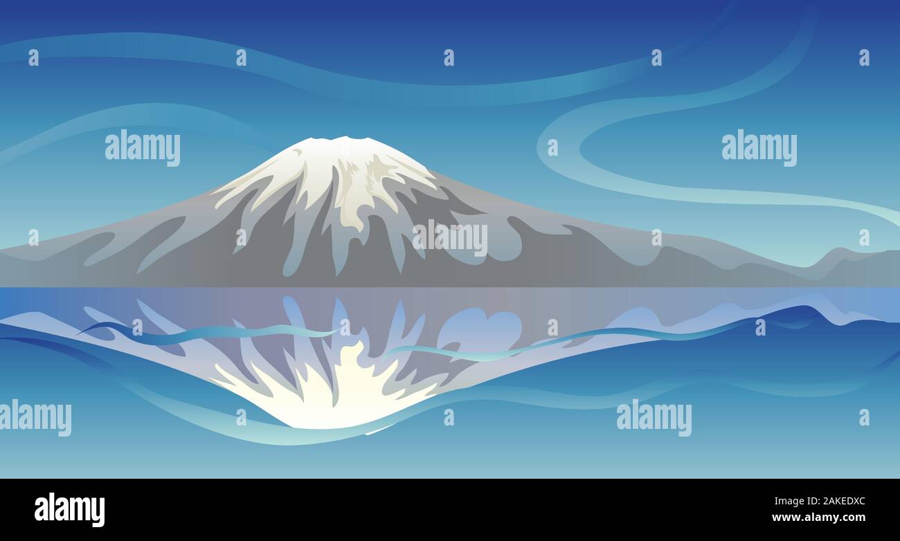 Vue sur la montagne de la neige reflète dans l'eau. Illustration de Vecteur