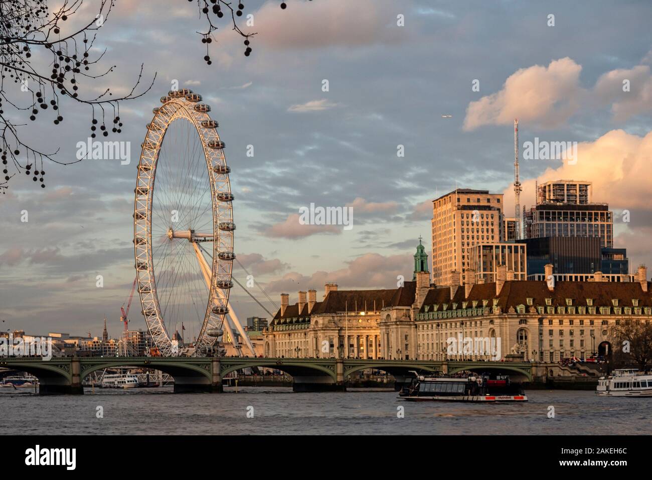 Londres : le London Eye et le County Hall sur la rive sud de la Tamise dans la lumière du soir d'or Banque D'Images