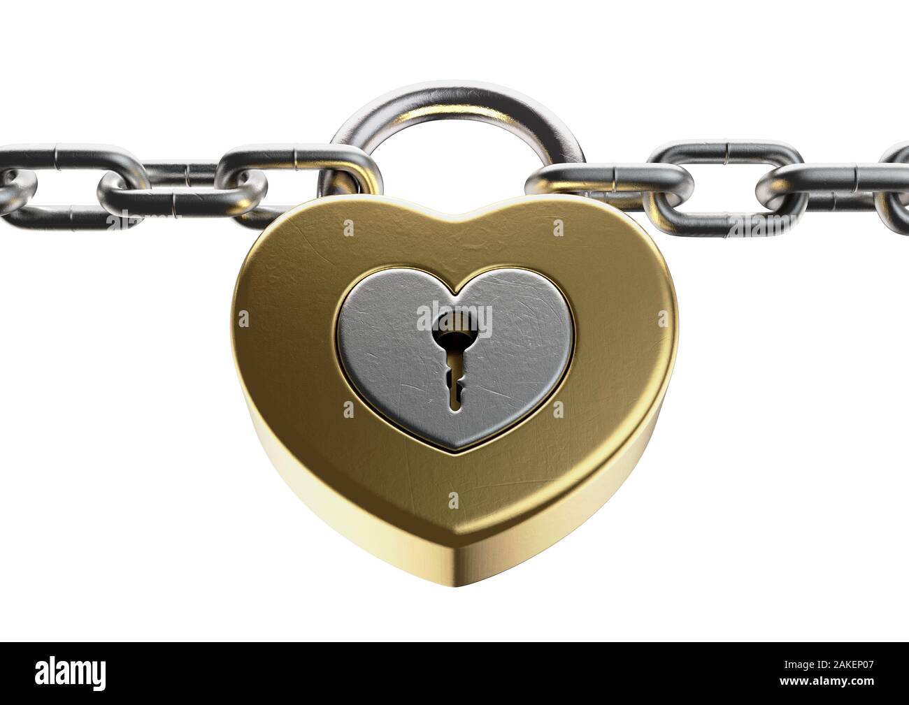Un cadenas jaune en forme de cœur de la jointure de deux chaînes d'argent ensemble sur un cas isolé sur fond blanc - 3D render Banque D'Images