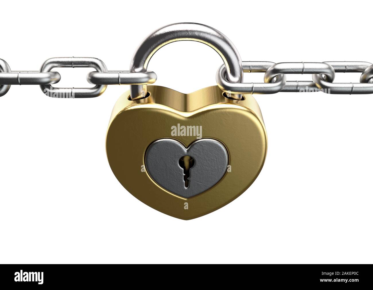 Un cadenas jaune en forme de cœur de la jointure de deux chaînes d'argent ensemble sur un cas isolé sur fond blanc - 3D render Banque D'Images
