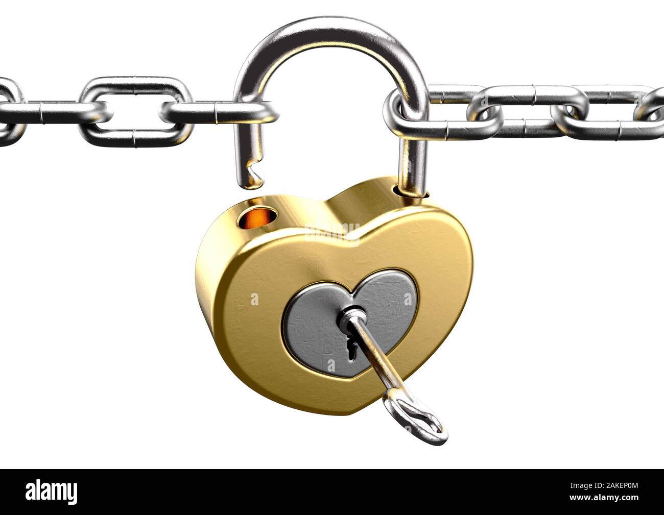 Un cadenas jaune en forme de coeur déverrouillé à l'aide d'une clé d'au moins deux chaînes d'argent ensemble sur un cas isolé sur fond blanc - 3D render Banque D'Images