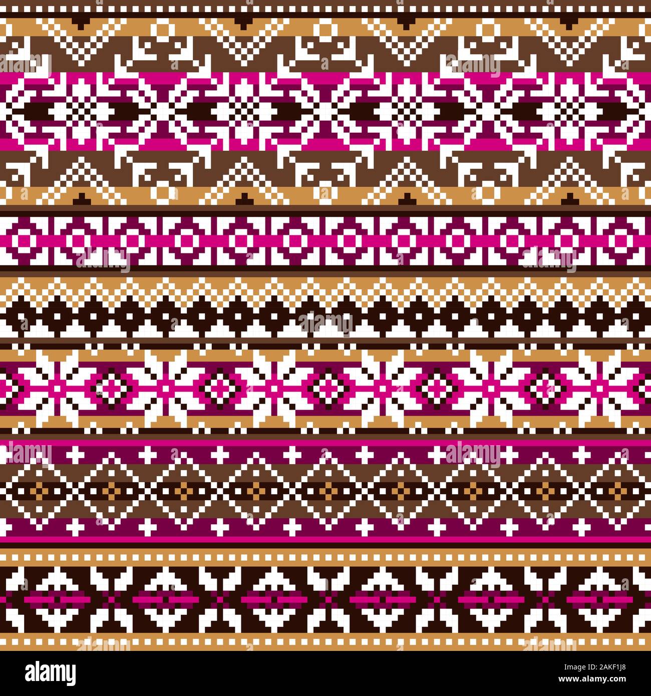 Fair Isle écossais traditionnel style knitwear seamless vector pattern, Shtelands rétro conception répétitives de tricot avec des flocons en marron et rose Illustration de Vecteur