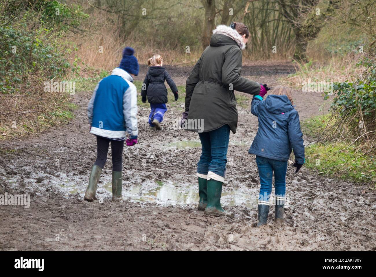 Mère / maman / maman marchant dans la boue avec ses trois enfants un jour d'hiver sur un chemin boueux à travers les bois de bois sur West End Common, Esher, Surrey. ROYAUME-UNI. (115) Banque D'Images