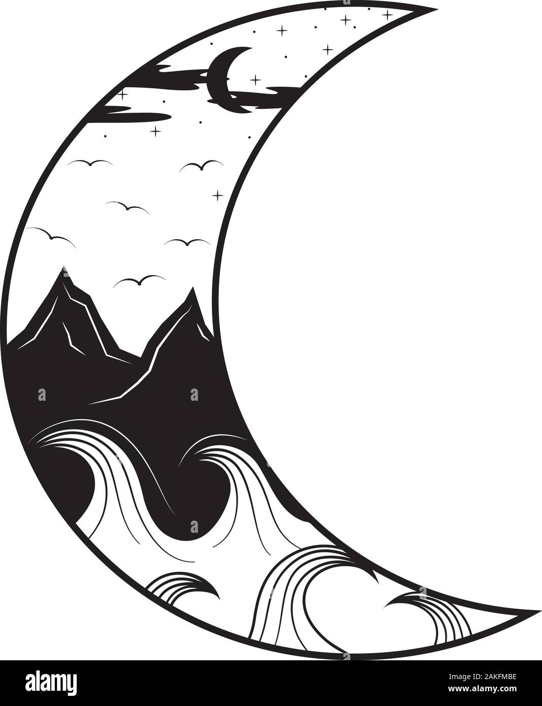 La Lune et les montagnes, l'océan. Silhouette nuit paysage Illustration de Vecteur