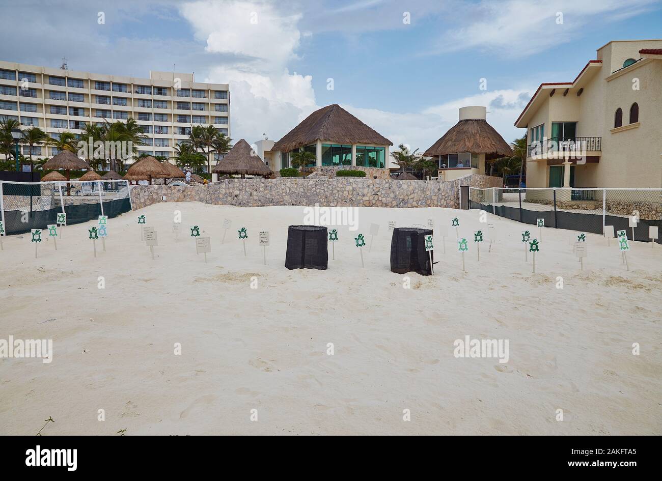 Une enceinte protectrice pour nid d'œufs de tortue où les œufs sont surveillés jusqu'à ce qu'ils soient hachés puis relâchés dans la mer à Cancun, au Mexique Banque D'Images