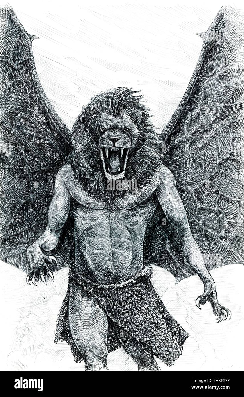 Illustration mythique du lion. Demi-humain - demi-lion. Lion roaring. Dessin de monstre de fantaisie. Banque D'Images