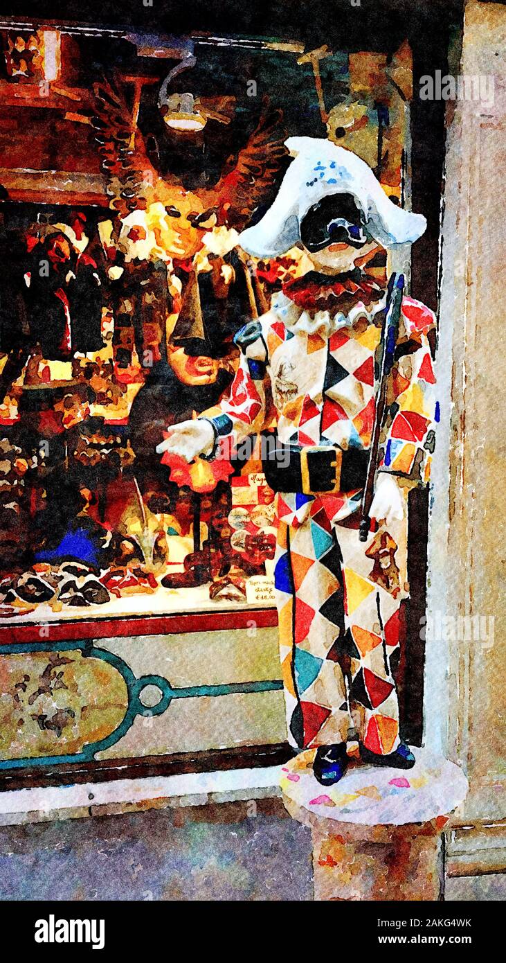 Aquarelle représentant la statue de Arlequin et les masques de carnaval dans une petite rue du centre historique de Venise Banque D'Images