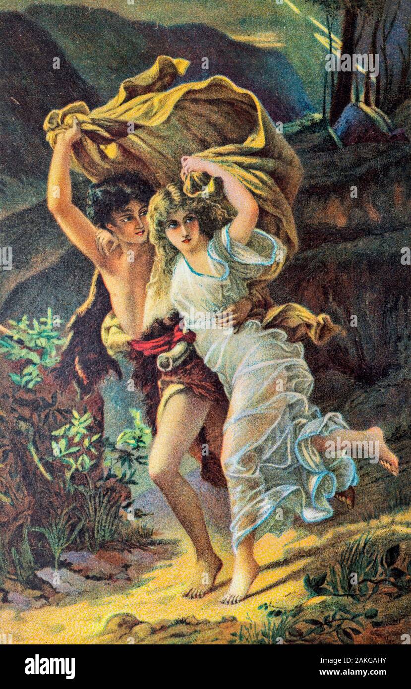 Old vintage Carte postale montrant la peinture 1880 / La tempête La tempête par le peintre français Pierre Auguste Cot Banque D'Images