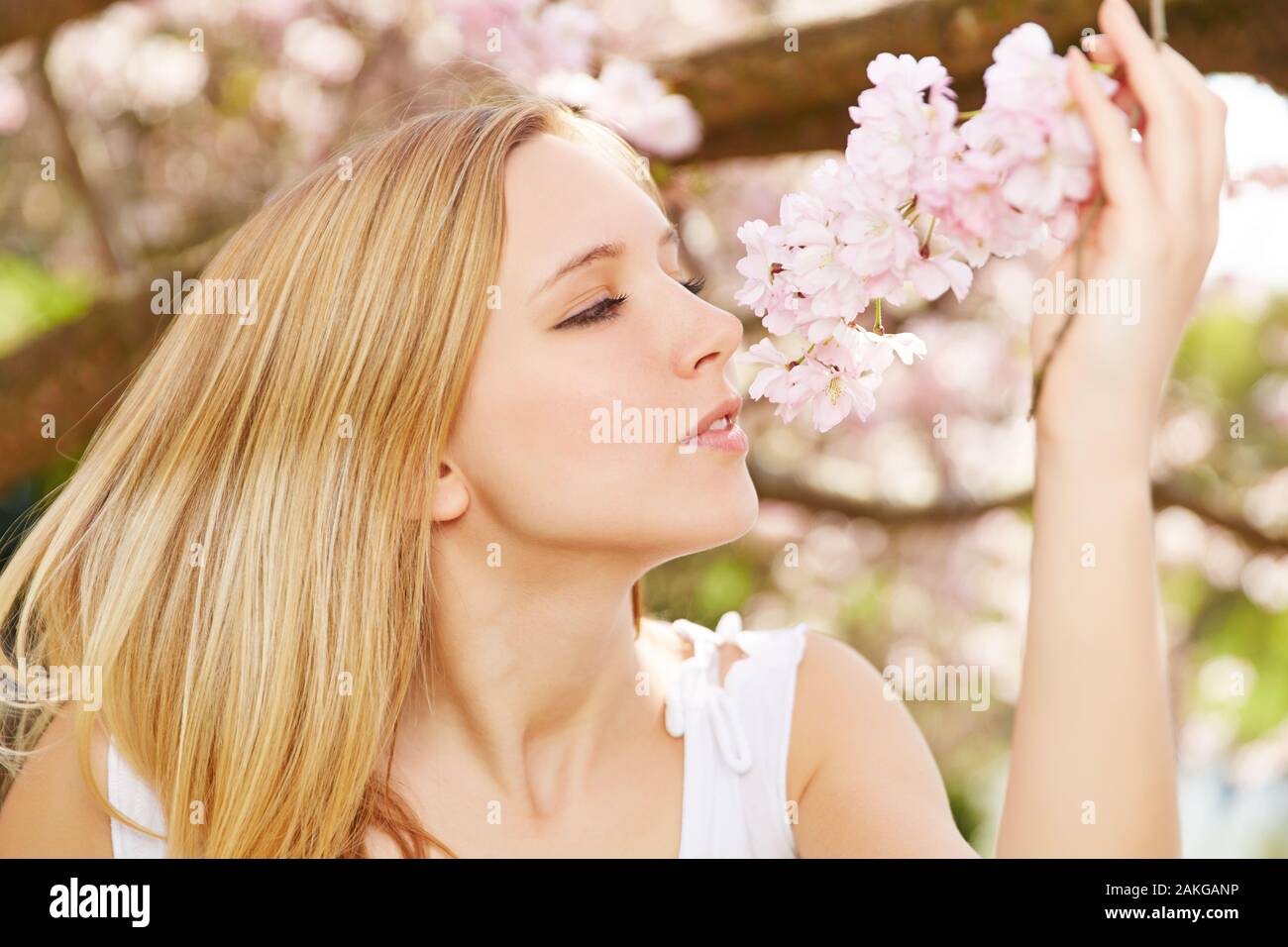 Femme jouit d'espace de détente et de bien-être au printemps parfumé de fleurs de cerisier Banque D'Images