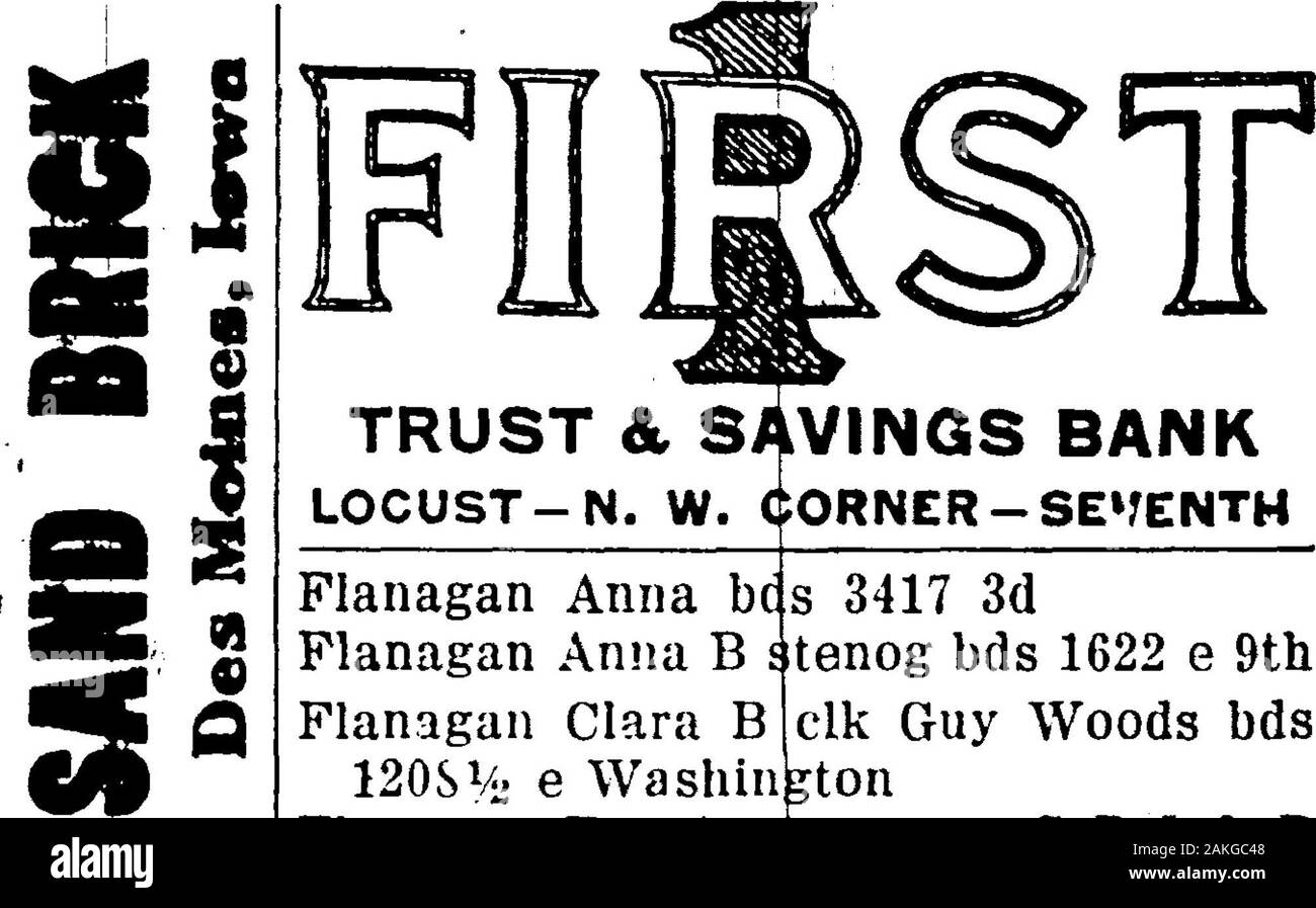 1921 Des Moines et Polk County, Iowa, City Directory . stenogFlach M Nan [bkpr Starzing Ulster &^thFlack r bds 1118 11M D'ÉTUDIANTS Dewey CollegeFlack macii Fred L Le Registre & tribune j'^es 801 ParkFlack ParkFlactiff 801 bds Marie Jos ! Watchmn res 311 thFlactiff donc 6w rms 1531 LindenFlaherty mineur Mitchell frar.k chaudière mkr res 1120 ^thFlaherty firemn John J D M Coffret Co bdd 1120 thFlaherty^P 4ter M coiffure 325 7e res 1017 iFlaherty agréable Wm H mach rpt Pittsburgh D M Steel Co res Terrasse dr nw cdr 29e iFlaherty Wm M elk Nouvelle Ère Book Store bds W H FlahertyFlaig Jos tlk D D M Sellerie co r Banque D'Images