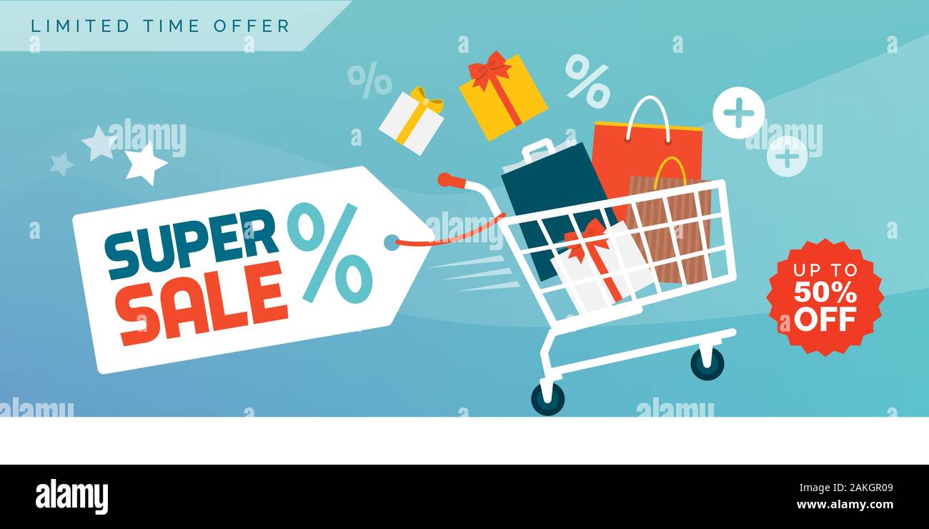 Magasinage en ligne bannière de promotion : rapide panier plein de sacs colorés et boîtes cadeaux Illustration de Vecteur