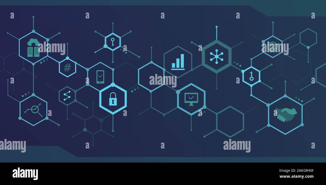 Internet, blockchain Résumé Contexte et données avec icônes connexion hexagonale Illustration de Vecteur