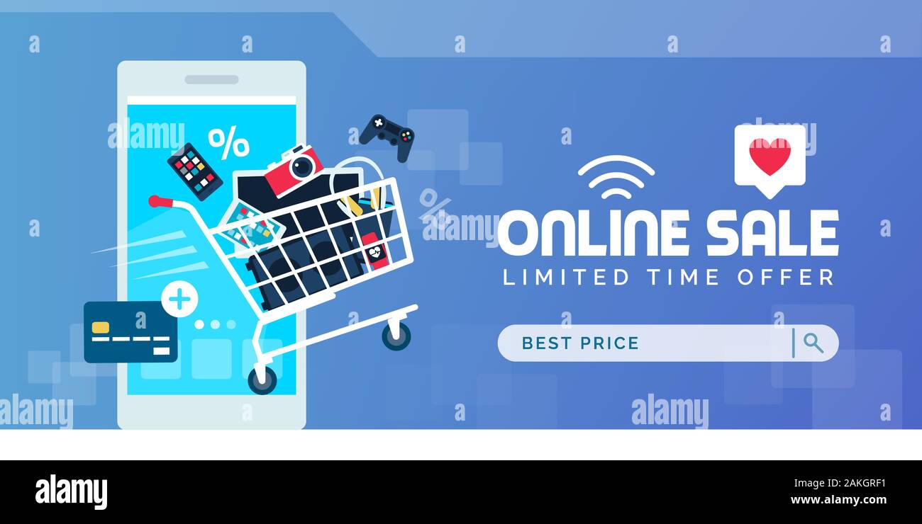 Vente en ligne de promotion électronique bannière avec panier complet, smartphone et une carte de crédit Illustration de Vecteur