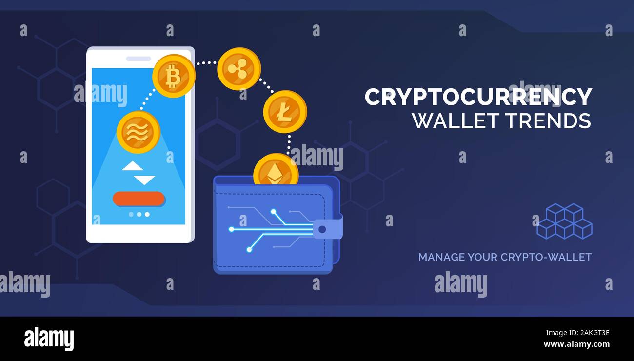Bourse de crypto-monnaie. Portefeuille mobile bitcoin à portée de main.  Technologies blockchain, bitcoins, portefeuille de crypto-monnaies.  Illustration vectorielle de style plat, sur blanc Image Vectorielle Stock -  Alamy