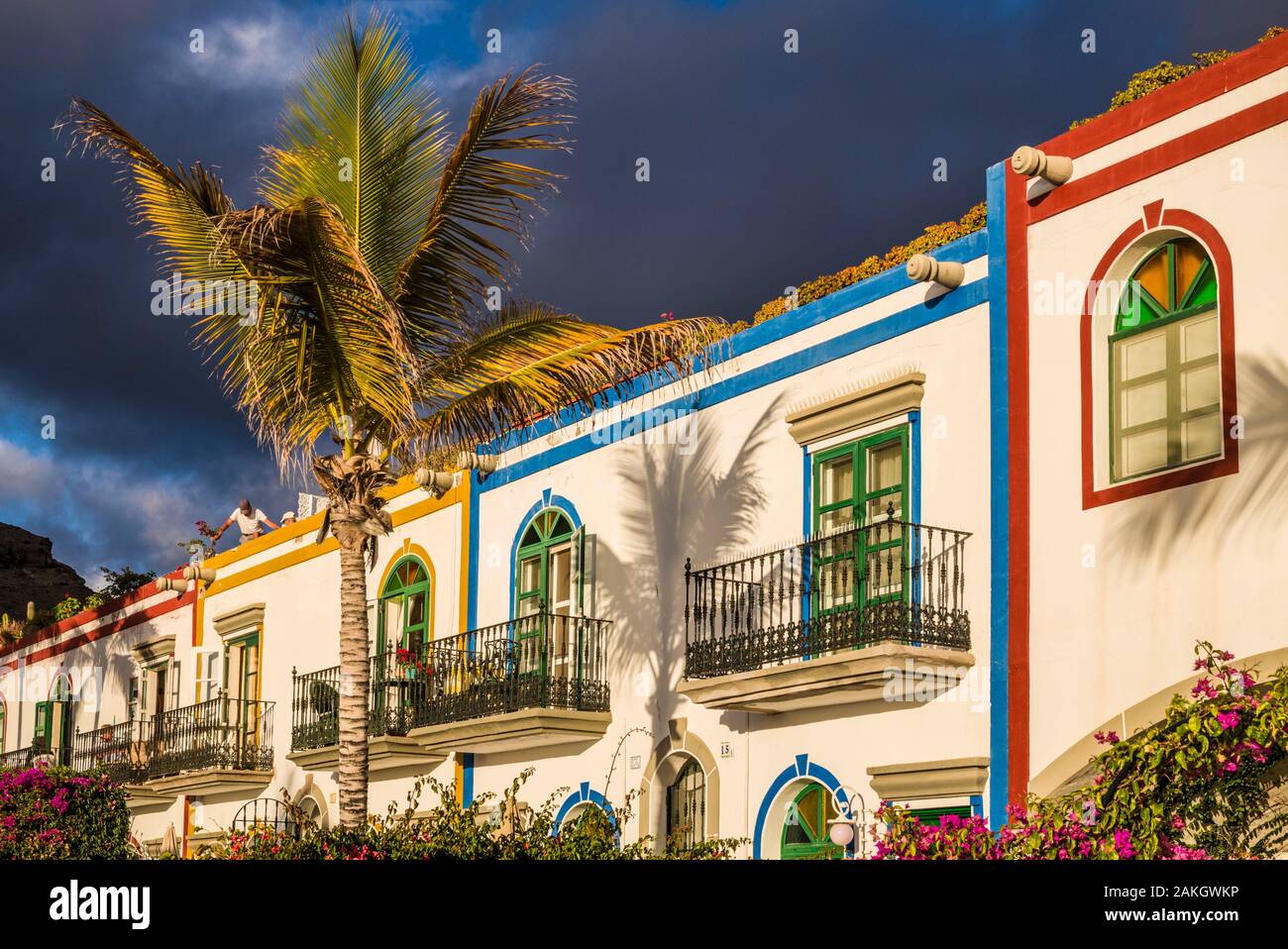 Espagne, Canaries, Gran Canaria Island, Puerto de Mogan, bâtiments et palmiers port Banque D'Images