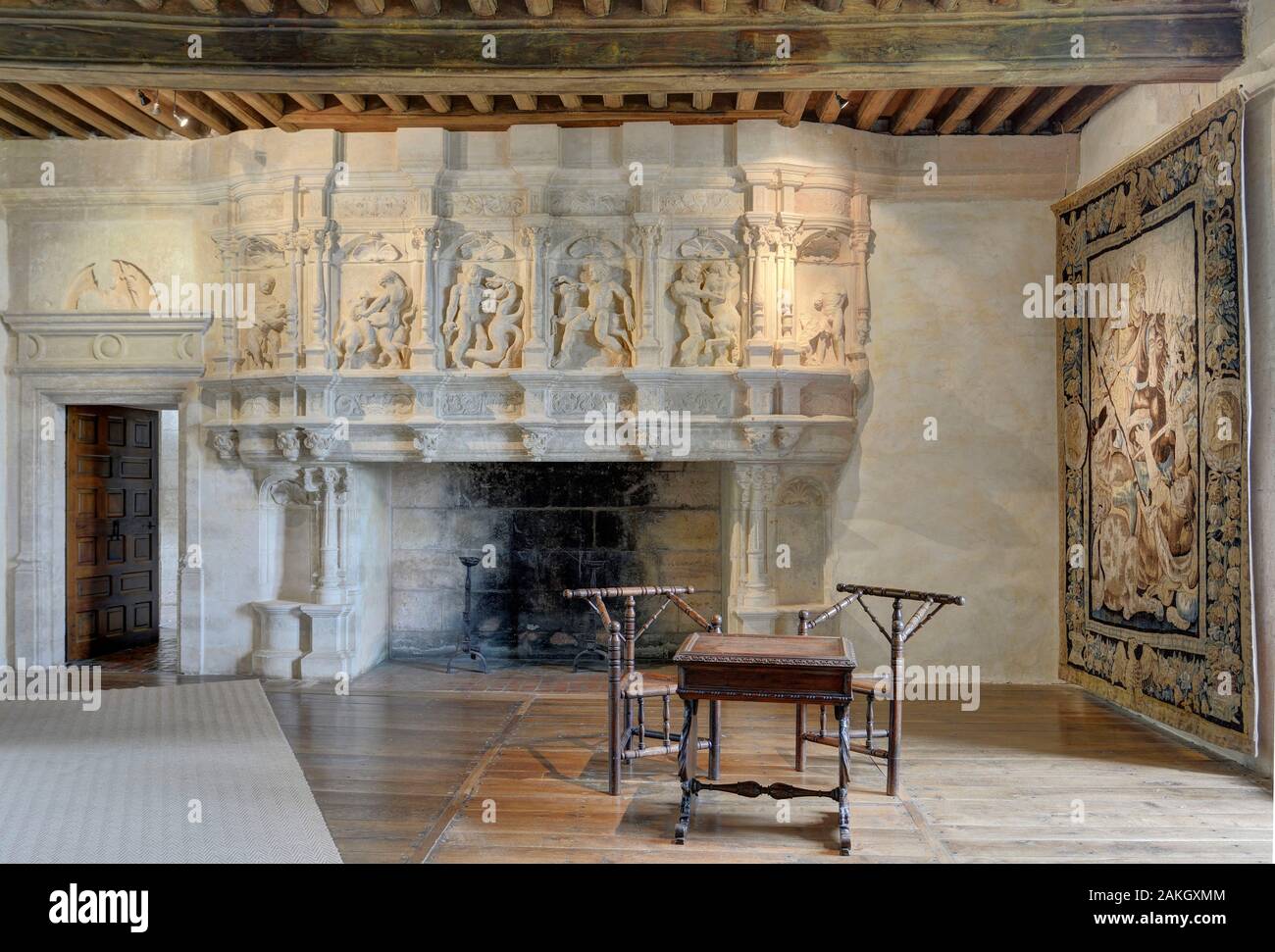 France, dordogne, Périgord Vert (Green Périgord), le château de Puyguilhem, la grande salle avec sa cheminée illustrant les travaux d'Hercule Banque D'Images