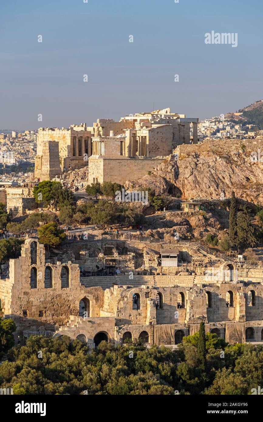 Grèce, Athènes, l'acropole d'Athènes, Site du patrimoine mondial de l'UNESCO, vu de la colline de Philopappos Hill ou des Muses Banque D'Images
