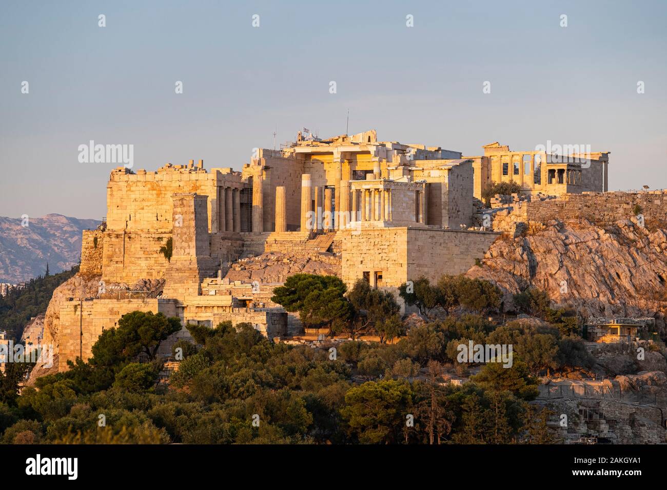 Grèce, Athènes, l'acropole d'Athènes, Site du patrimoine mondial de l'UNESCO, vu de la colline de Philopappos Hill ou des Muses Banque D'Images